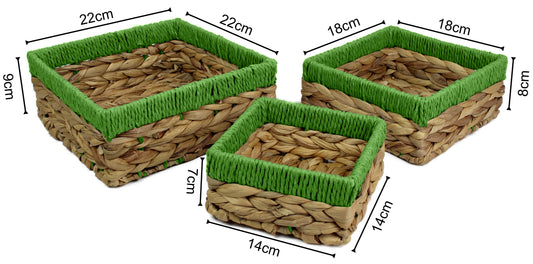 Small water hyacinth square baskets with green edges.