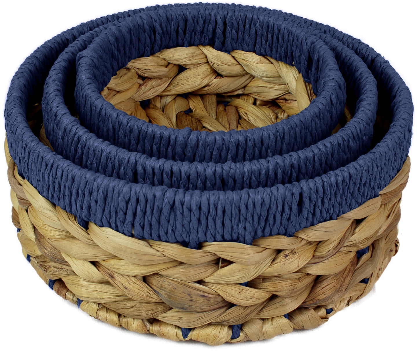 Small water hyacinth round baskets with blue edges