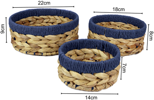 Small water hyacinth round baskets with blue edges