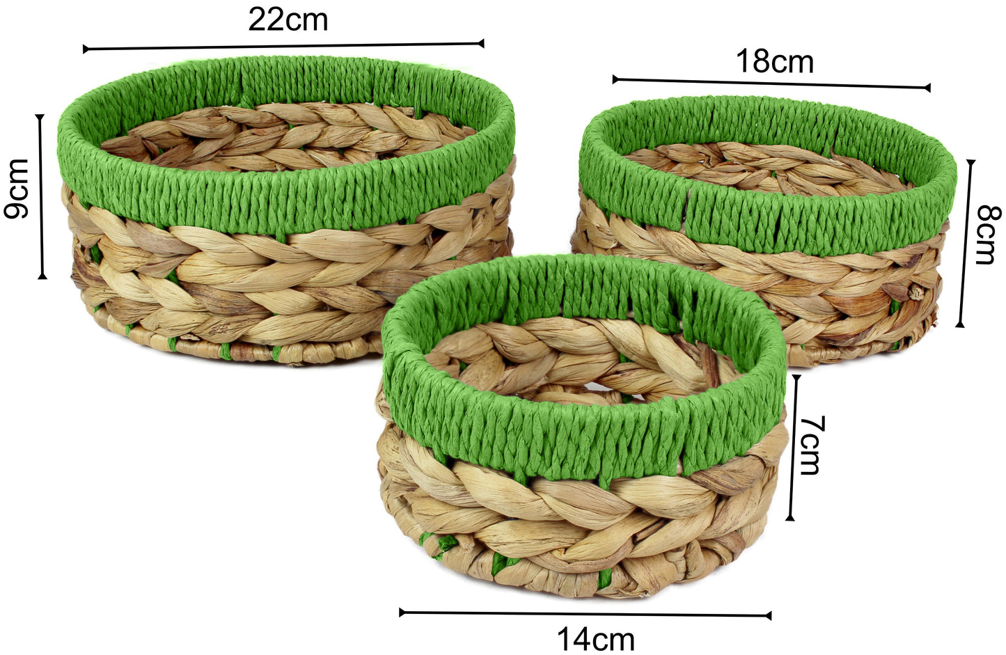 Small water hyacinth round baskets with green edges