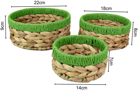Small water hyacinth round baskets with green edges